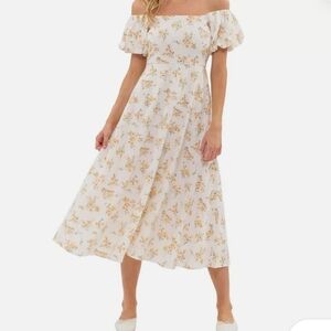 August Sky Dress Womens Large Smocked Floral Puff Sleeve Milk Maid Cottagecore